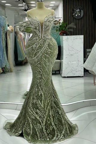 Cocktailkleid Olivgrün Glänzender Stein Ornament