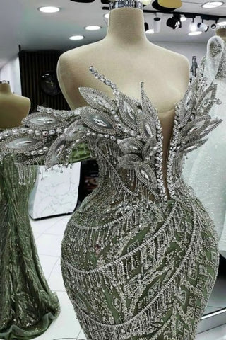 Cocktailkleid Olivgrün Glänzender Stein Ornament