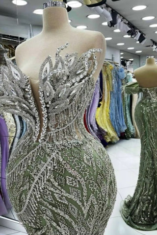 Cocktailkleid Olivgrün Glänzender Stein Ornament